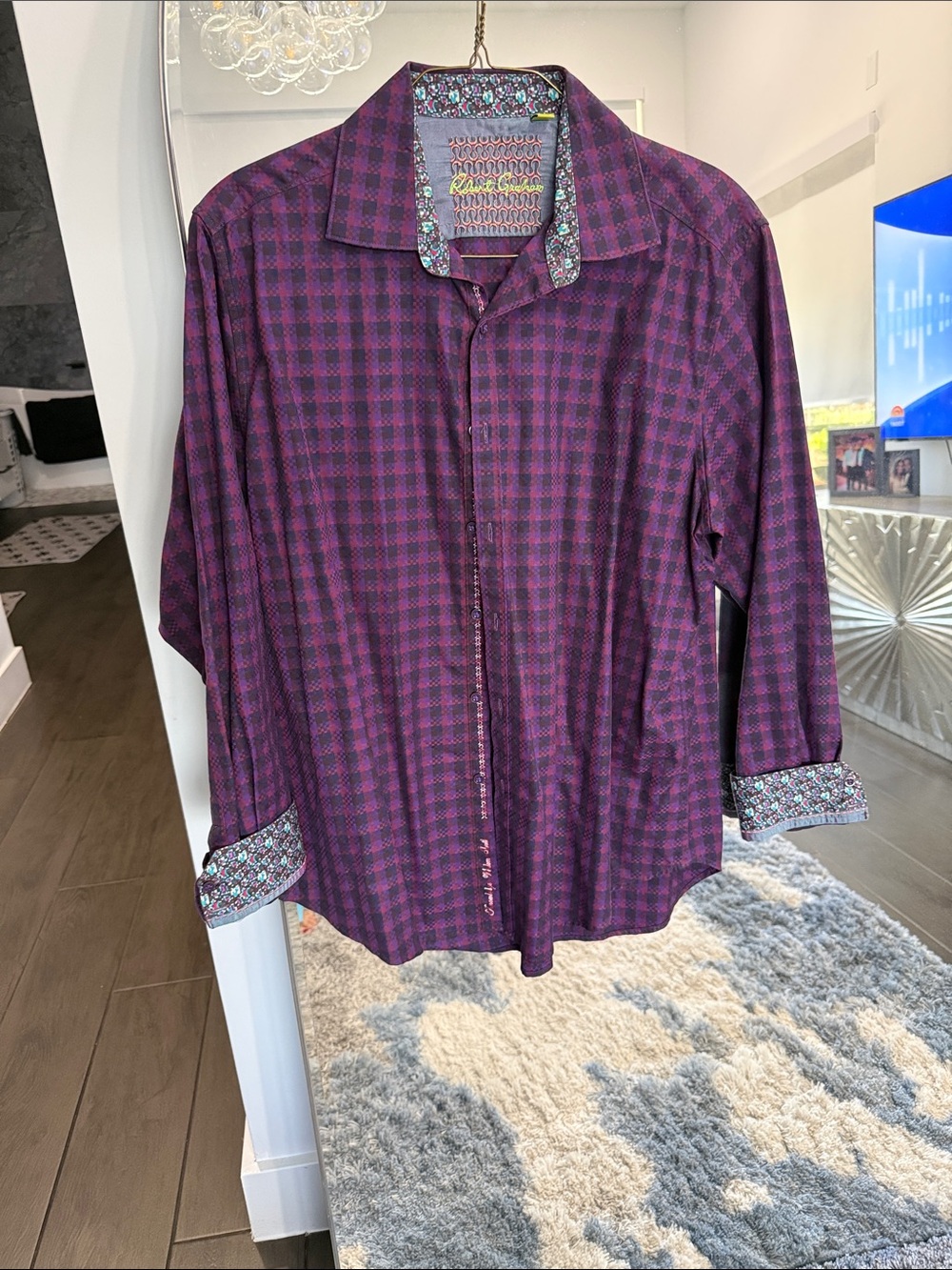 Robert Graham Purple Checked Button-Down Shirt with Patterned Trim